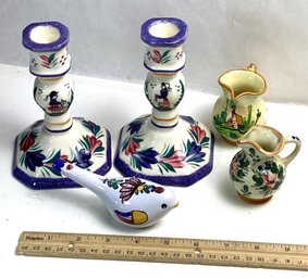 Vintage Ceramics Lot, Candlesticks, Bird Whistle, Etc.