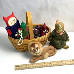 Vintage Longaberger Basket Filled With Handmade Stuffed Fabric Animals And More