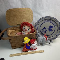 Vintage Country Lot, Basket With Hinged Lid/handles, Knickerbocker Raggedy Andy, Etc.