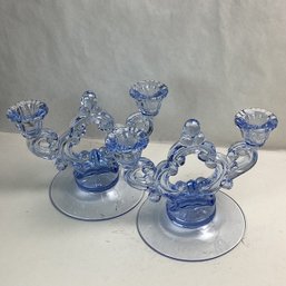 Vintage Cinderella Blue Depression Glass Double Candlesticks (pair)