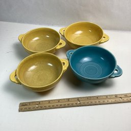 4 Early Fiesta 5 Inch Cream Soup Bowls, Double Handled, Rare