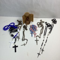 Catholic Rosaries And More, LOT A, Glass, Metal And Plastic Beads, Wood Sculpture W/ Doors