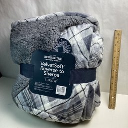 Brand New, Berkshire Reversible Sherpa Throw, Grey Plaid, 60 X 70
