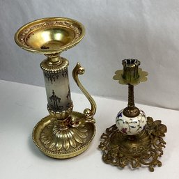 Antique Brass And Porcelain Candlesticks, K.K. Oslir, Etc