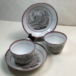 2 Delicate Vintage Victorian Scene Cups/saucers, Purple Luster Edges