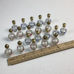 20 Miniature Glass Perfume Bottles W/ Brass Screw Tops, Floral
