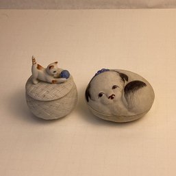 2 Vintage Porcelain Covered Trinket Boxes, Dog, Cat