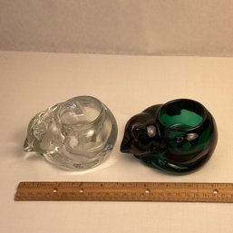 2 Solid Glass Curled Up Cat Votive Holders
