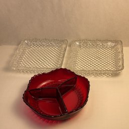 Vintage Glass Serving Bowls Collection, Cut Glass, Ruby Glass Divided Bowl