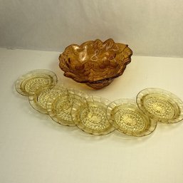Vintage Yellow Glass Lot, Raised Berries Design Amber Bowl, Yellow Dep. Glass Butter Pats