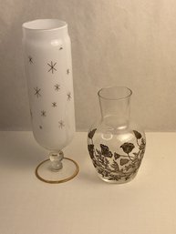 2 Pc Glass Lot, Long Vase/candle Holder, Silver Overlay Water Decanter