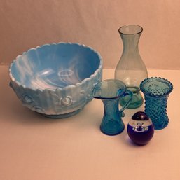 Vintage Colored Glass, Blues, Slag Glass Bowl, Cobalt Paperweight, Etc.