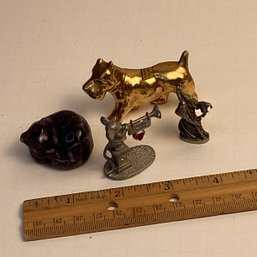 Vintage Small Figurines Lot, Carved Amethyst Kitty, Pewter, Porcelain