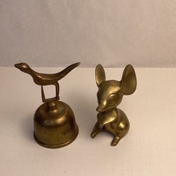 Vintage Brass 2 Pc Lot, Bell, Solid Brass Mouse