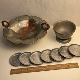 Vintage Aluminum And Copper Lot, Bowls, Coasters, Etc