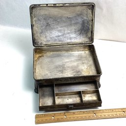 Antique Metal Jewelry Box With Drawer, Silv. Plate On Solid Copper, HEAVY