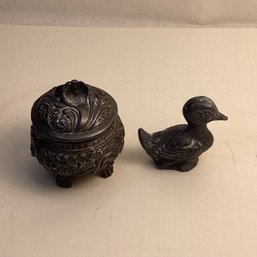 Vintage Metal Trinket Box, Hinged Lid And Solid Lead Duck