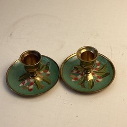 Pair Vintage Cloisonne Candle Holders, Christmas Themed