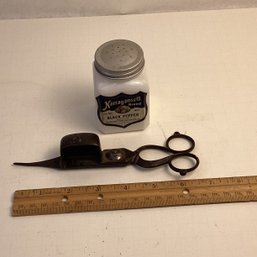 2 Pc Antiques Lot, Hand Forged Wick Cutter, Milk Glass Salt Shaker, Narragansett