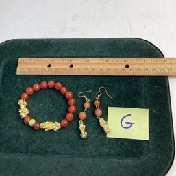 LOT G, Crystals, Minerals, Gem Stones, Carnelian Stretch Bracelet, Matching Earrings, Dragon