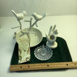 Jewelry Displays Lot, Painted Metal Birds Display, Crystal Ring Holder, Etc
