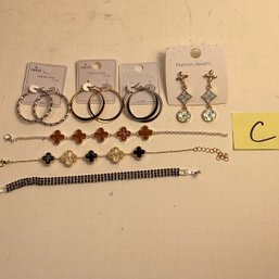 Costume Jewelry, LOT C, Clover Bracelets, Pierced Earrings, Etc., Brand New
