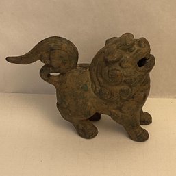 Impressive Antique Foo Dog Or Lion Casting, Iron With Verdigris/gold Paint