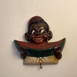 Vintage Black Americana Chalk Ware Wall Hanging Hook, Boy, Watermelon