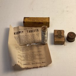 Antique Medicine, Apothecary Lot, Kidney Tablets (2), Renovator Powder, Tiny Medical Plaster Tin
