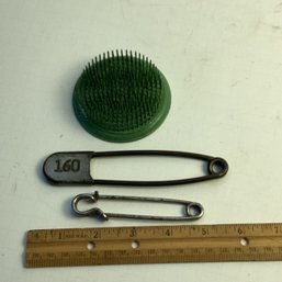 Vintage Lot, Metal Flower Frog Plus Two Large Safety Pins