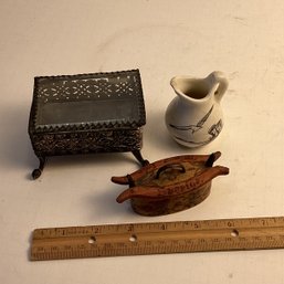 Vintage Lot, Glass/metal Jewelry Or Trinket Box, Tiny Bent Wood Box, Ceramic Creamer