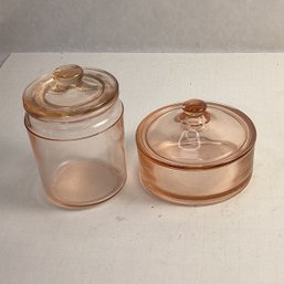 Pair Of Beautiful Pink Depression Class Small Lidded Dresser Jars