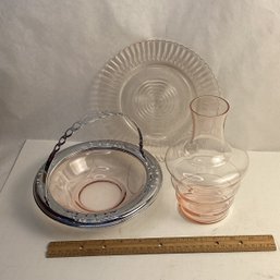 Collection Of Pink Depression Glass Items, Basket/bowl, Bedside Water Pitcher, Etc