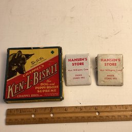 Excellent Vintage Advertising Lot, Ken-L-Biskit Dog Treats (empty), Hansons Store (CT)