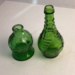 2 Medium Size Wheaton Bitters Bottles, Green, Ball & Claw, Fish