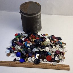 Big Lot Of Vintage Buttons In Old Tin Coffee Can, Many Sizes