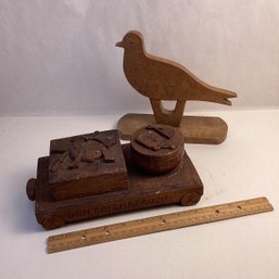 Vintage Carved Wood Lot, Dresser Box, Bird