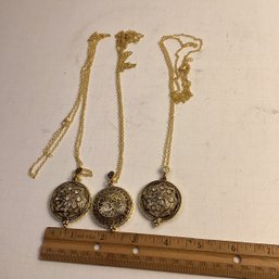 3 Vintage Brass Ladies Magnifying Glass Necklaces, Tree Of Life, Etc.
