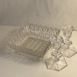 Vintage Cut Glass Bowl With Pair Of Heavy Crystal Candlesticks