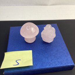 Genuine Carved Crystal Assortment, LOT S, Rose Quartz Mushroom And Santa Claus