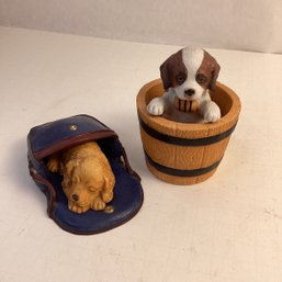Princeton Galleries Collectible Porcelain Dog Figurines, LOT A, Purse Napper/barrel Of Fun