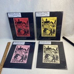 4 Vintage Matted Woodblock Prints From Local Artist, Gypsy And The Bear