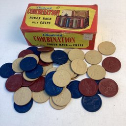 46 Antique Slate Poker Chips W/ Airplanes (exc. Cond.), 1970s Plastic Chips Set In Box