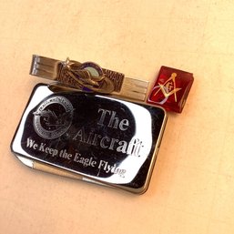 Vintage Pratt & Whitney And Masonic Lot, Sterling Tie Clip, Poss. Ruby Masonic