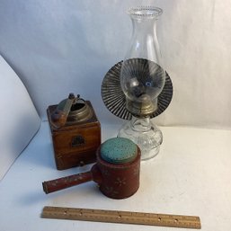 Antique Country Primitives Lot, Coffee Grinder, Lantern W/ Reflector, Tole Painted Shaker