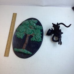 Vintage Cast Iron Plaque With Tree And Iron Fancy Wall Hook