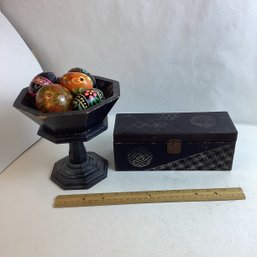 Vintage Wooden Bowl W/ Hand Painted Wood Eggs And Antique Chinese Lacquered Box