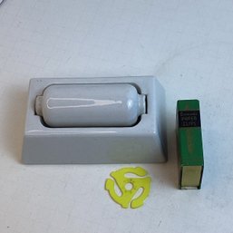 Vintage Desk Lot, Large Porcelain Stamp Moistener, Paper Clip Holder, 45rpm Record Adaptor