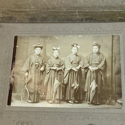 Antique Photograph Of Asian Woman With Umbrellas (one With A Tennis Raquet)