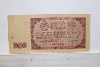 1948 Narodowy Bank Polski (National Bank Of Poland) 5 Zlotych Banknote